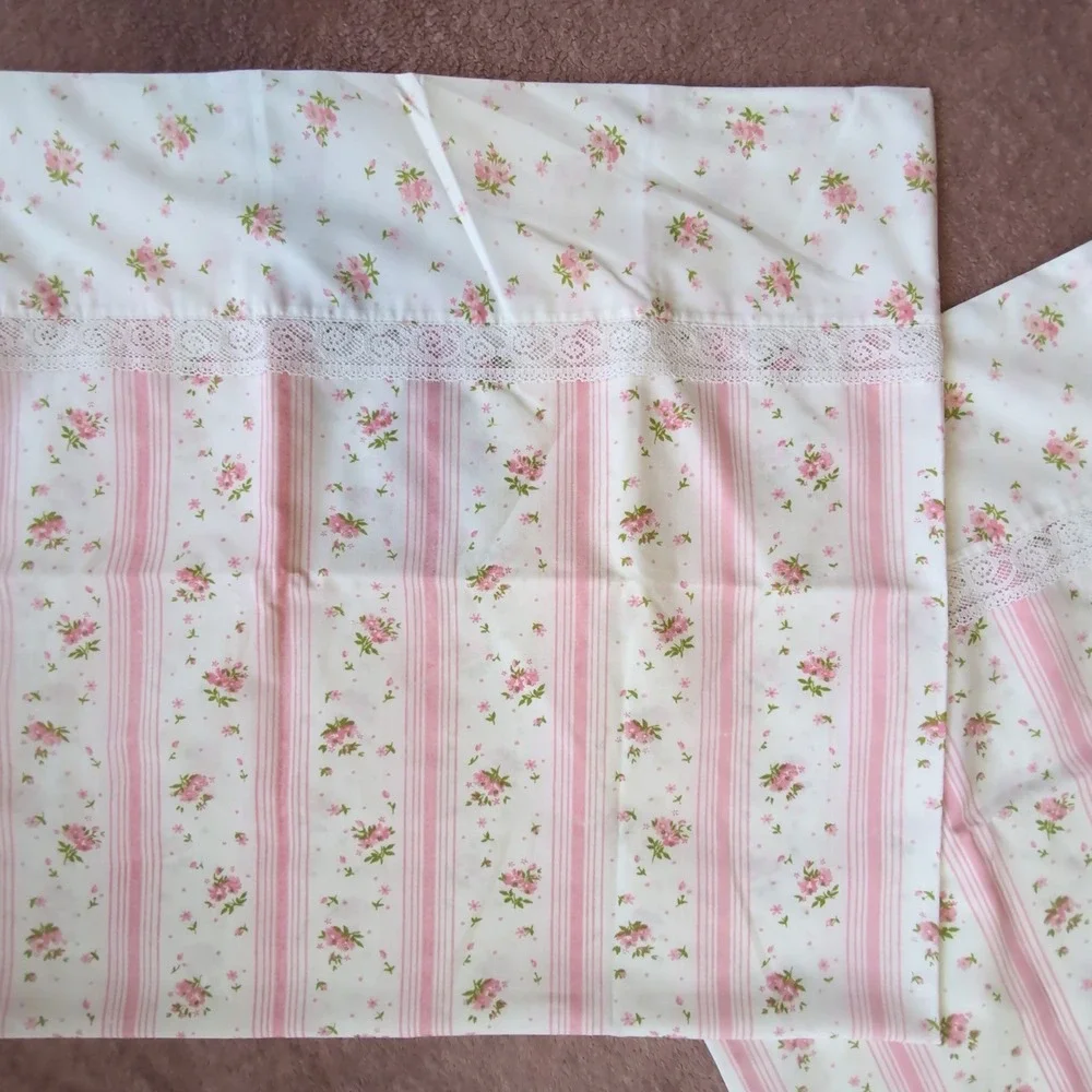 Springmaid Wondercale Pillowcase Set King Pink Floral Striped Lace Trim Vintage